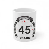 White ceramic 45th anniversary printed coffee mug, 330ml capacity